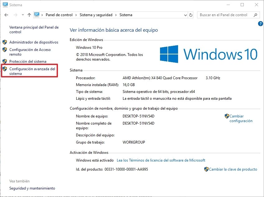 Panel de control en Windows 10