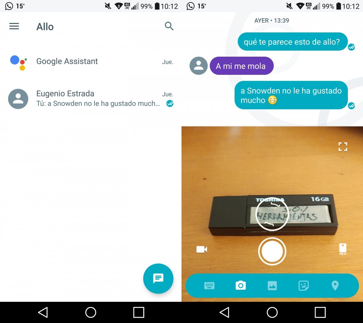Pantalla de contactos y cámara de Google Allo