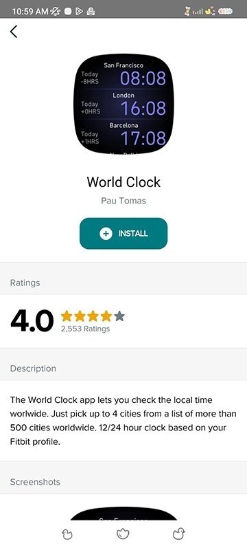 Pantalla de instalación de la app World Clock de Fitbit