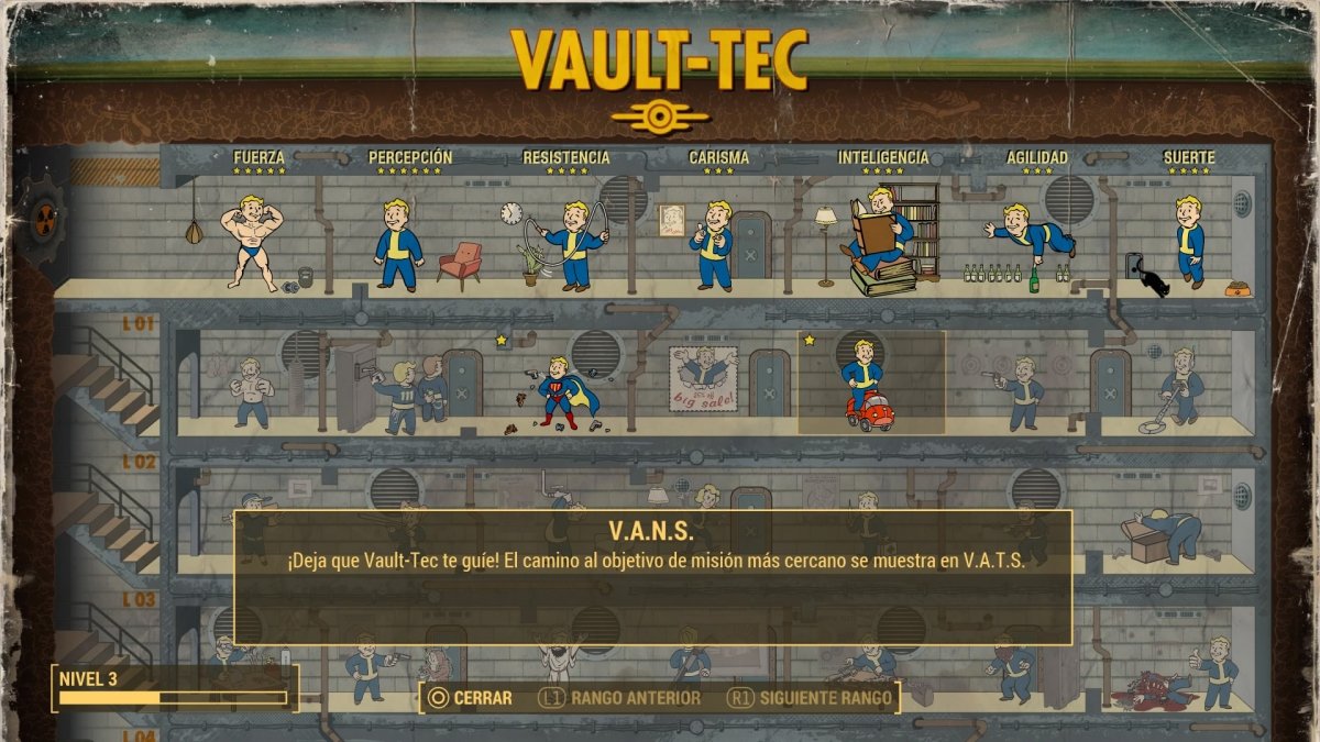 Pantalla de niveles V.A.N.S de Fallout 4 con atributos y ventajas