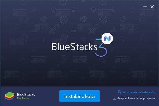 Pantalla inicial de instalación de BlueStacks