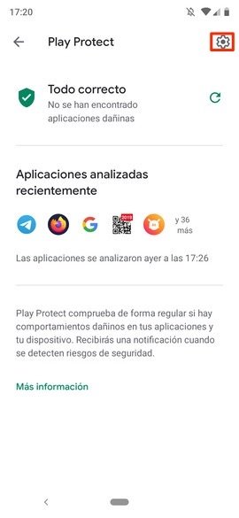 Pantalla principal de Google Play Protect