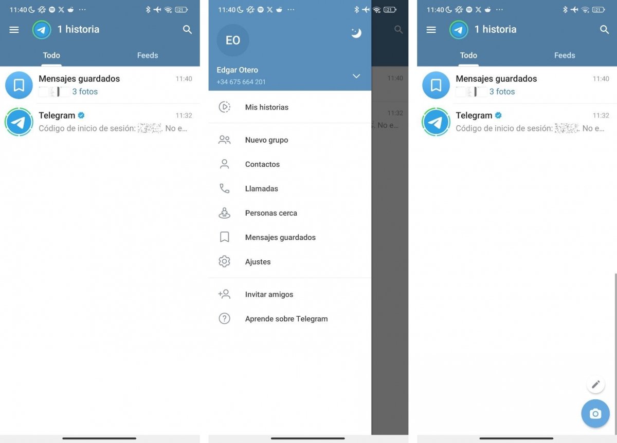 Pantalla principal y menú de Telegram en Android