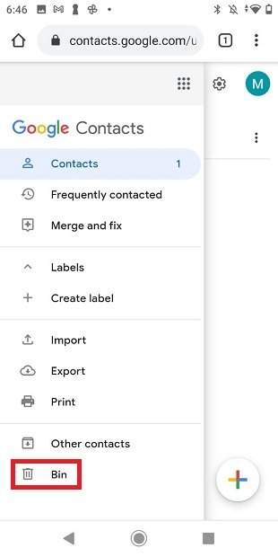 سلة مهملات جهات اتصال Google