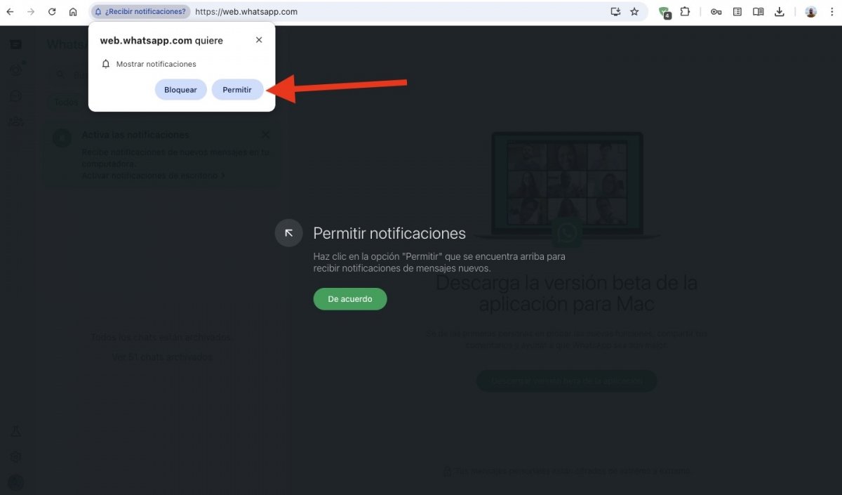 Para activar las notificaciones, permite su envío en la configuración del navegador