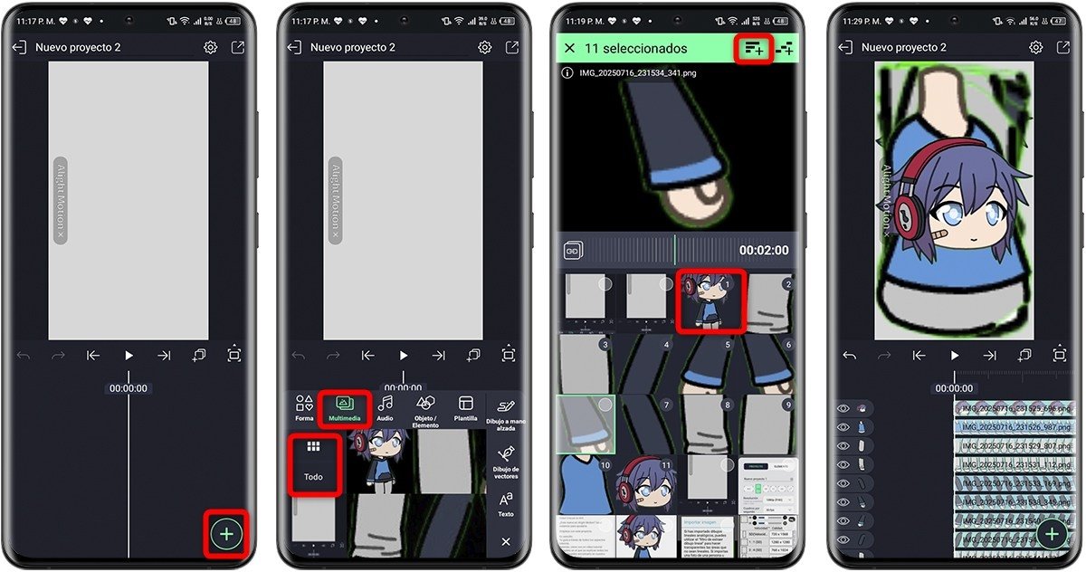 Partes del personaje agrupadas en el proyecto