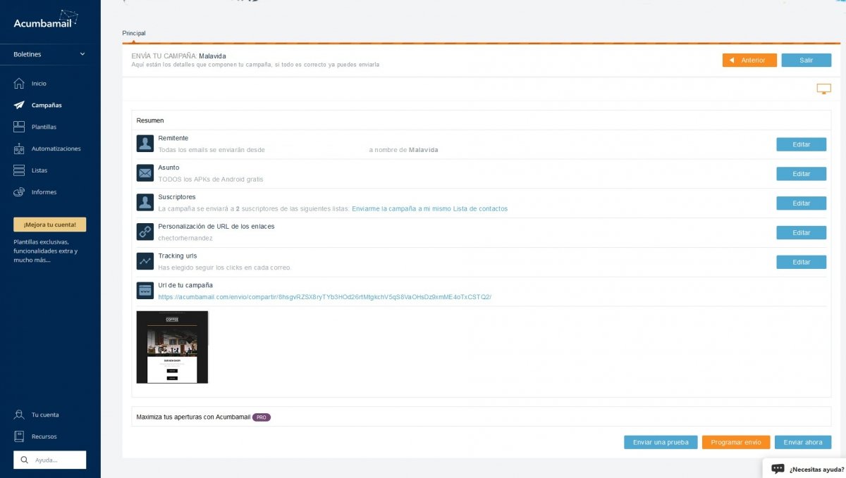 Paso final para enviar el email marketing creado con Acumbamail
