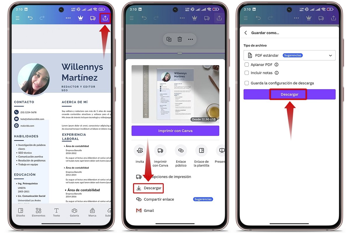 Pasos a seguir para descargar un currículum en Canva