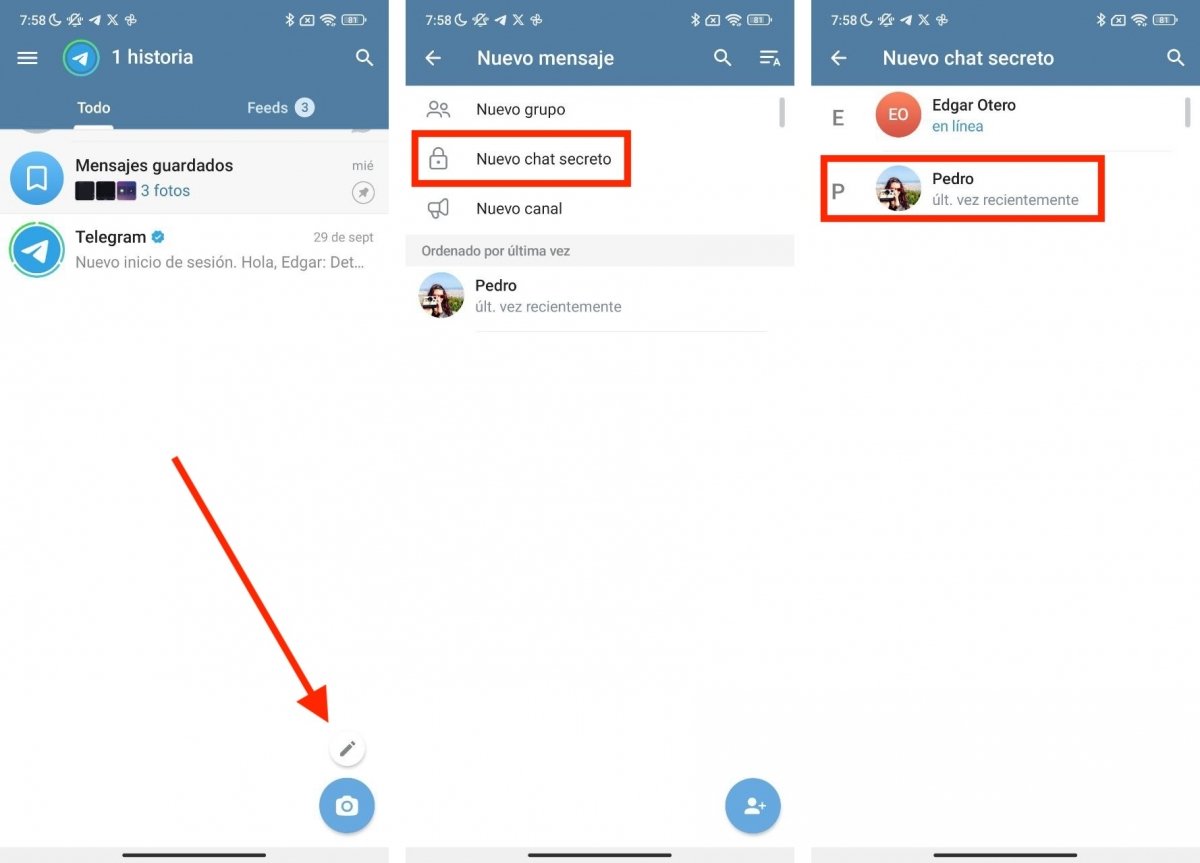 Pasos para abrir un chat secreto nuevo en Telegram