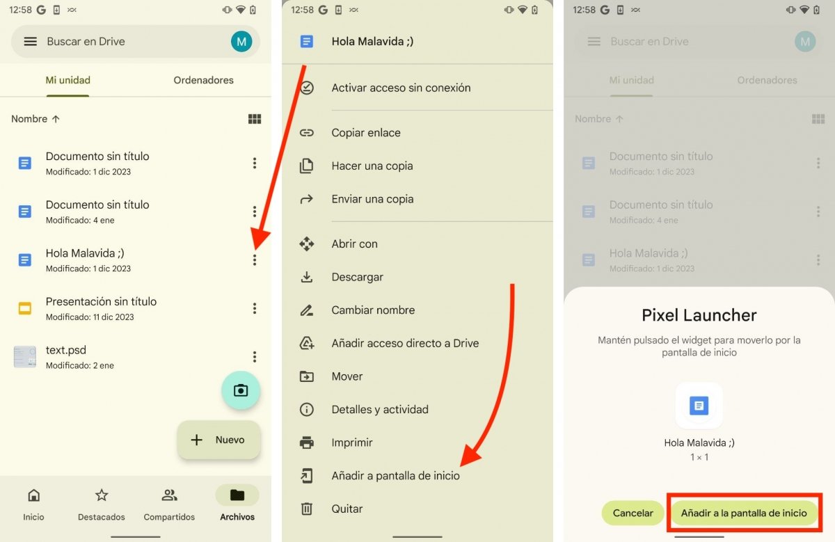 Pasos para añadir un archivo a la pantalla de inicio en Google Drive para Android