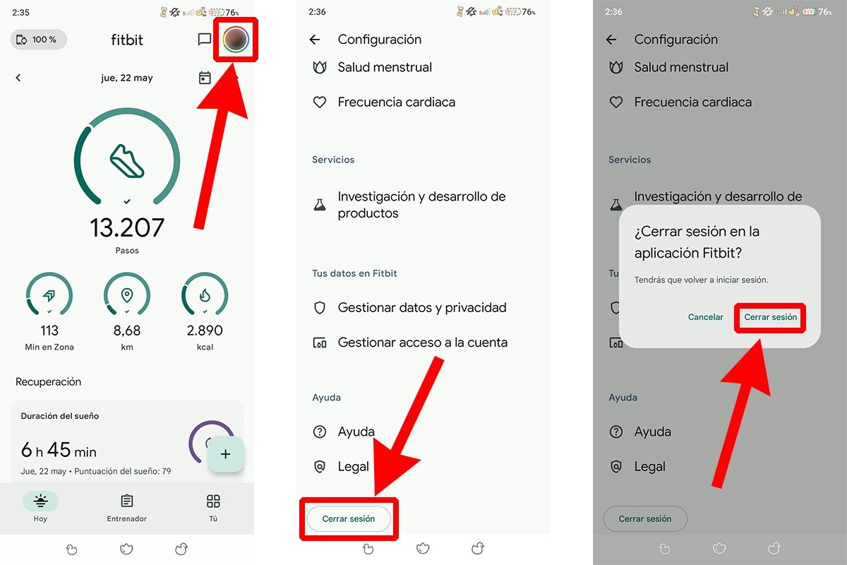 Pasos para cerrar sesión en la app Fitbit para dispositivos Android