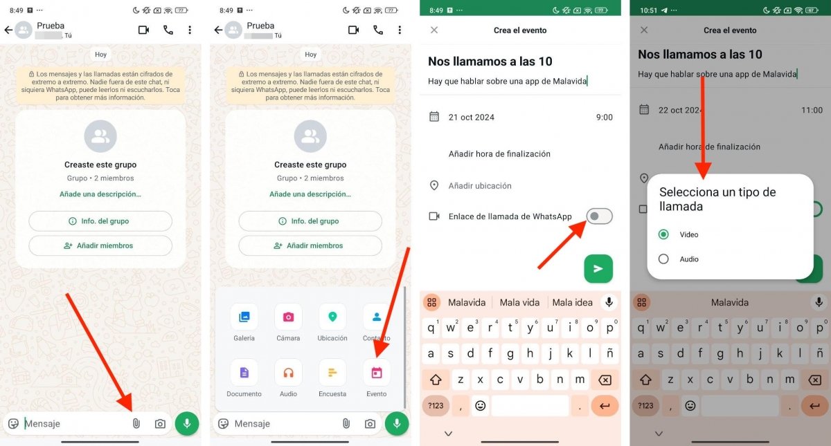 Pasos para crear un evento en un grupo de WhatsApp con videollamada