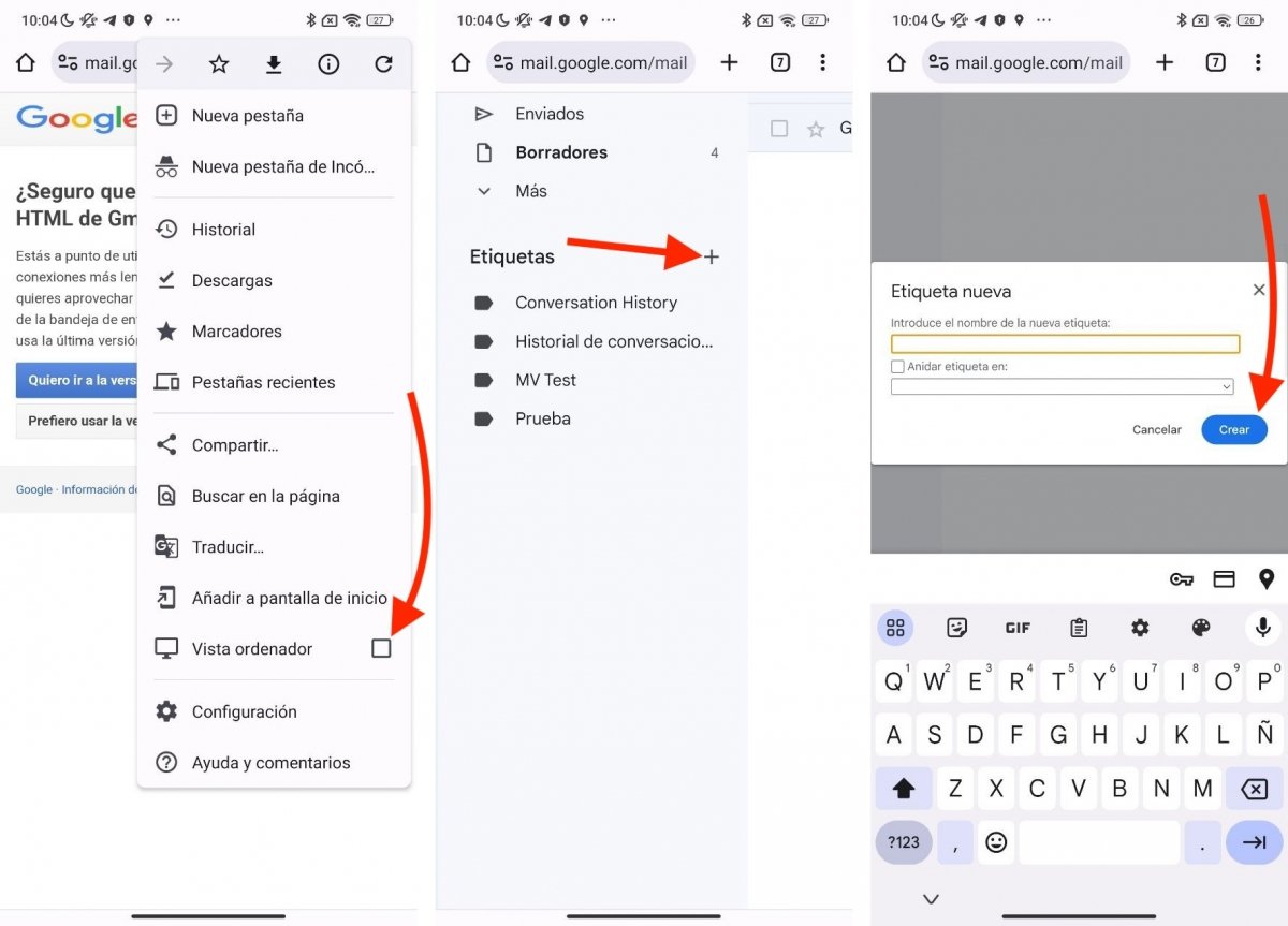 Pasos para crear una nueva etiqueta desde un móvil Android y Gmail para ordenadores