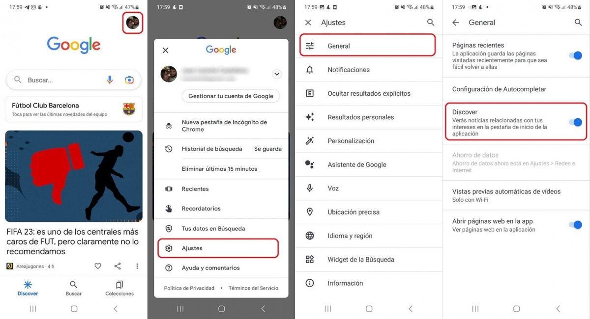 Pasos para desactivar Google Discover en Android