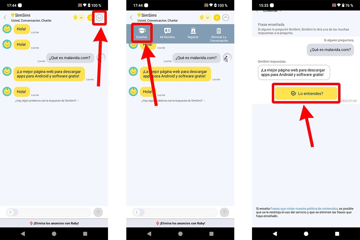 Pasos para enseñar frases a SimSimi desde la pantalla de chat