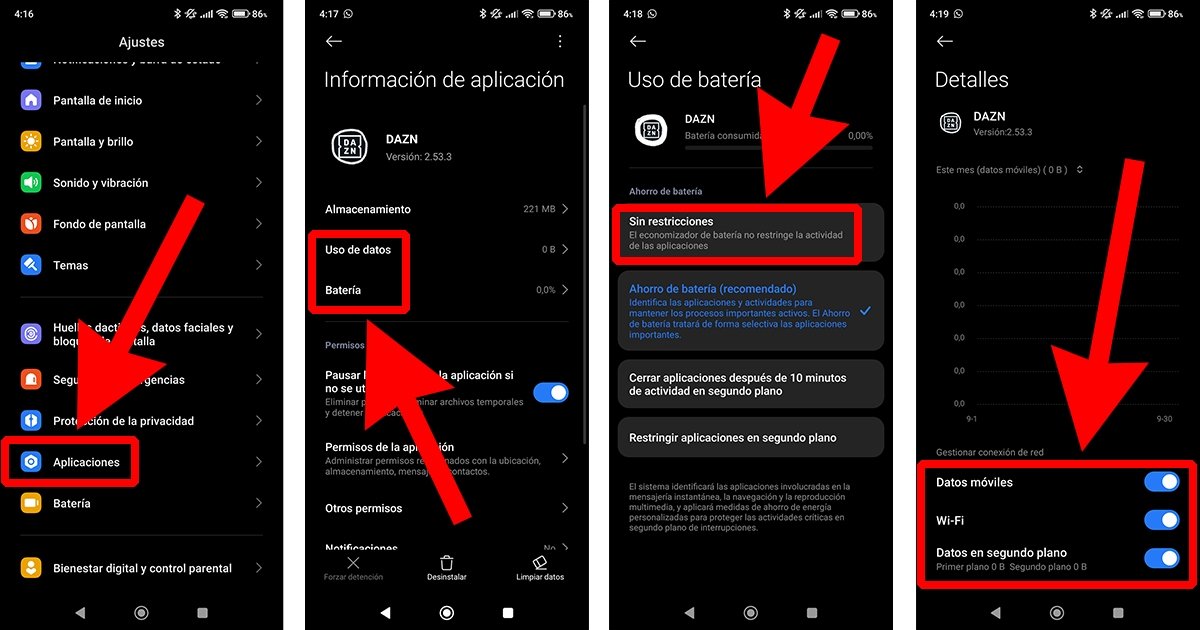 Pasos para evitar las restricciones de batería y datos de la app DAZN