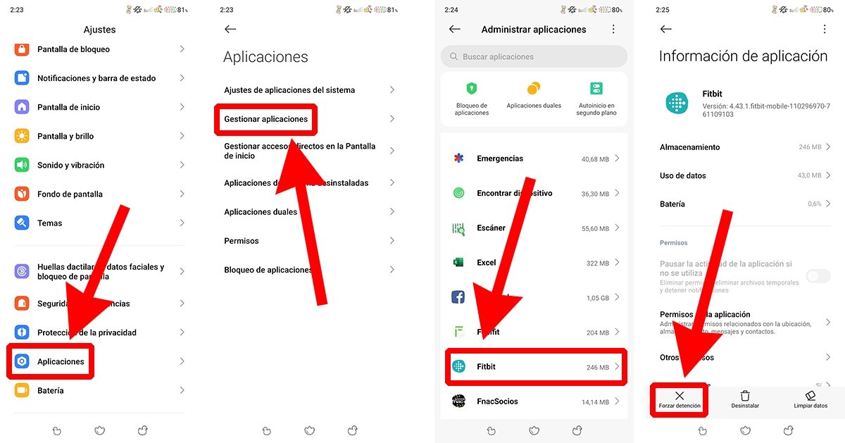 Pasos para forzar la detención de la app Fitbit en Android