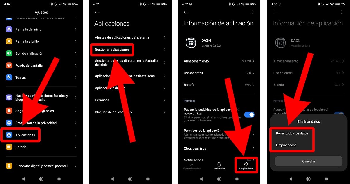 Pasos para limpiar los datos y la caché de la app DAZN