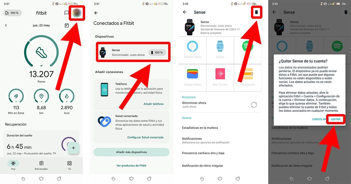 Pasos para quitar un dispositivo Fitbit en la app para Android