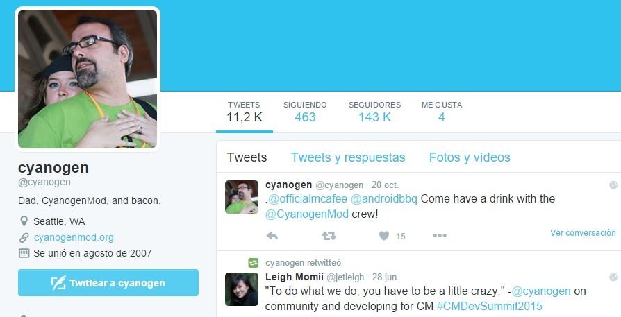 Perfil de Twitter de Steve Kondik, alias Cyanogen