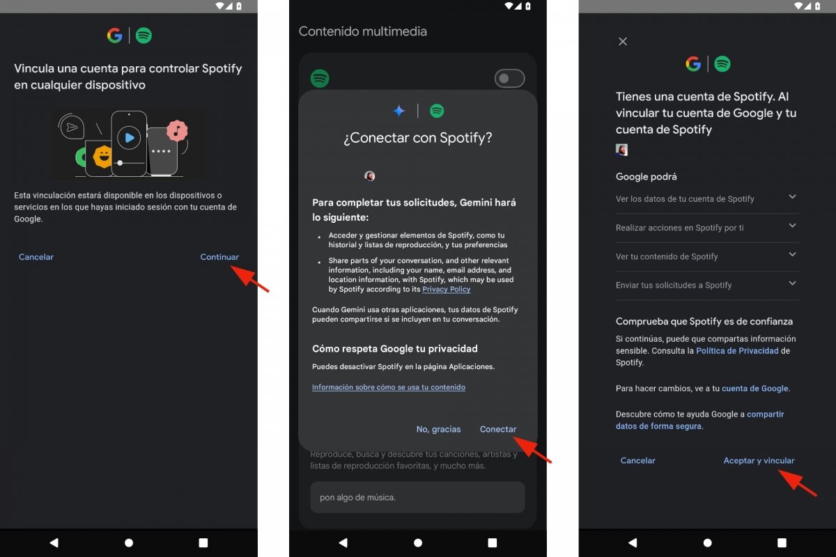 Permisos para vincular Spotify con Gemini en Android