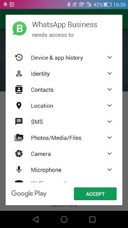 Permisos solicitados por WhatsApp Business en Android