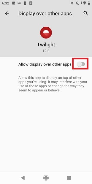 Permitir que Twiligth se muestre sobre otras apps