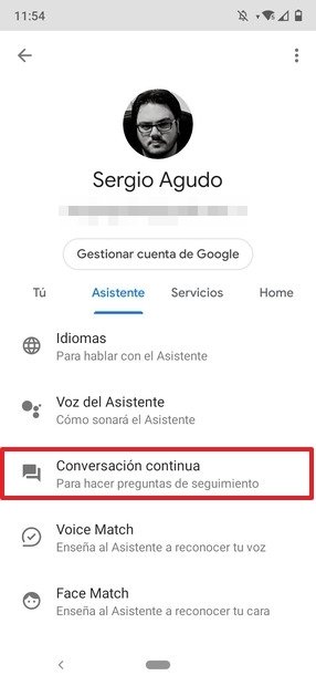 Pestaña del asistente de Google