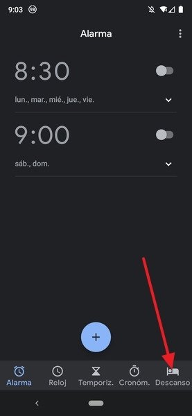 Pestaña descanso en la aplicación Reloj de Android
