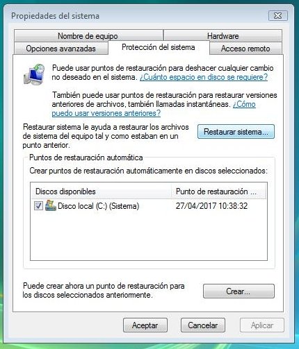 Pestaña Protección del sistema de Windows Vista