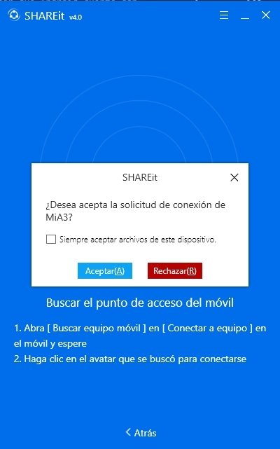 Petición de conexiónn de Android a SHAREit en Windows