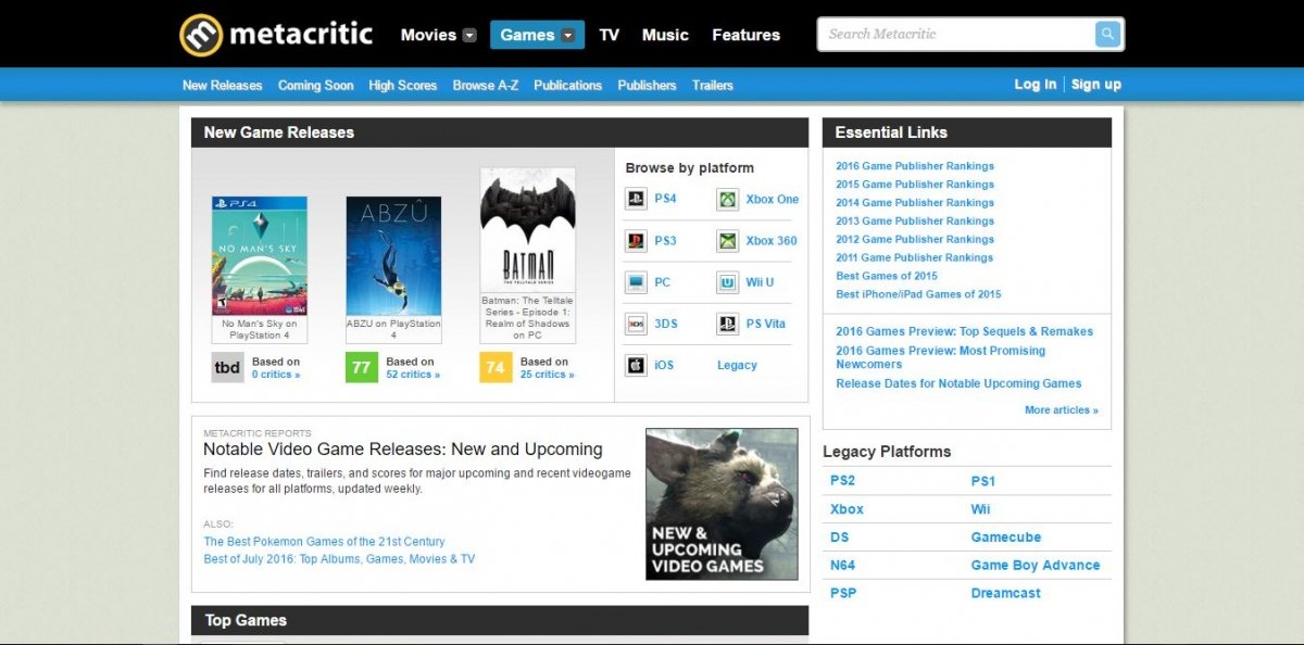 Portal de calificaciones de juegos de Metacritic
