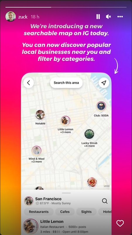 Presentación de los mapas de Instagram en las historias de Mark Zuckerberg