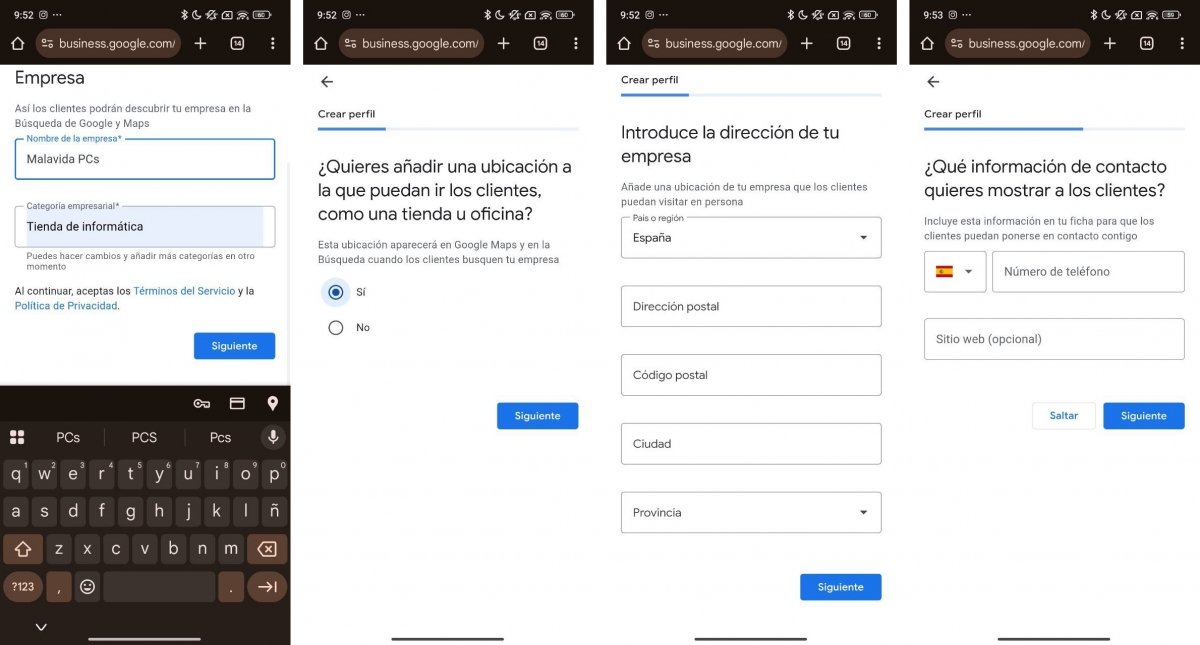 Primeros pasos del asistente para dar de alta un negocio en Google Maps