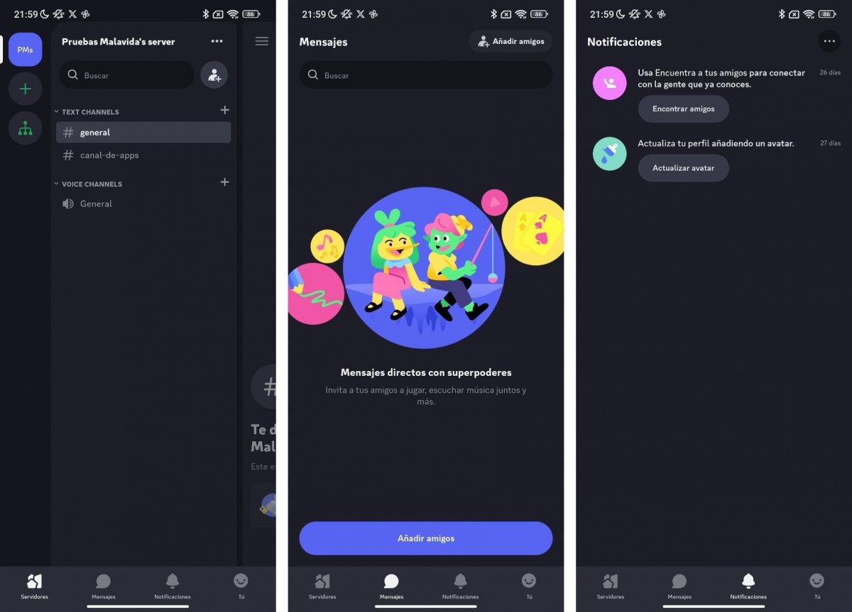 Principales apartados de Discord en Android