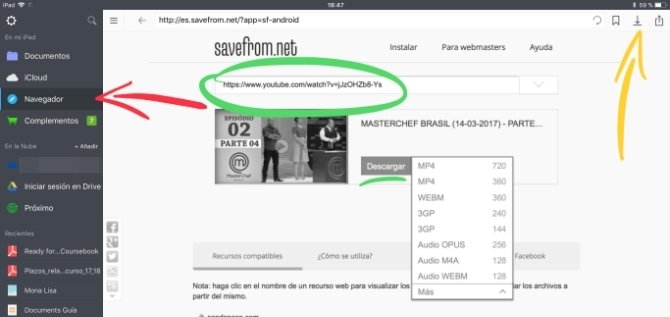 Principales elementos de la interfaz de Documents a la hora de descargar vídeos