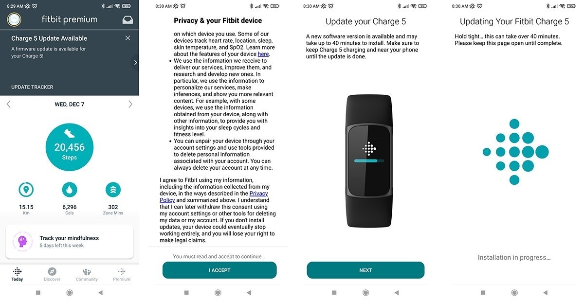 Proceso de actualización de un dispositivo Fitbit desde la app oficial