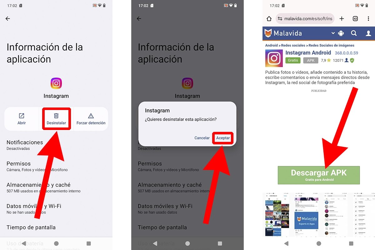 Proceso de desinstalación e instalación de la app de Instagram