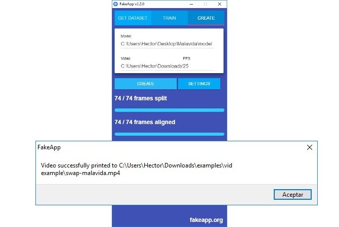 Proceso final de creación de vídeo con FakeApp