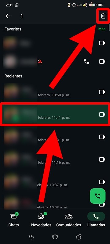 Proceso para borrar solo llamadas y videollamadas del historial de WhatsApp