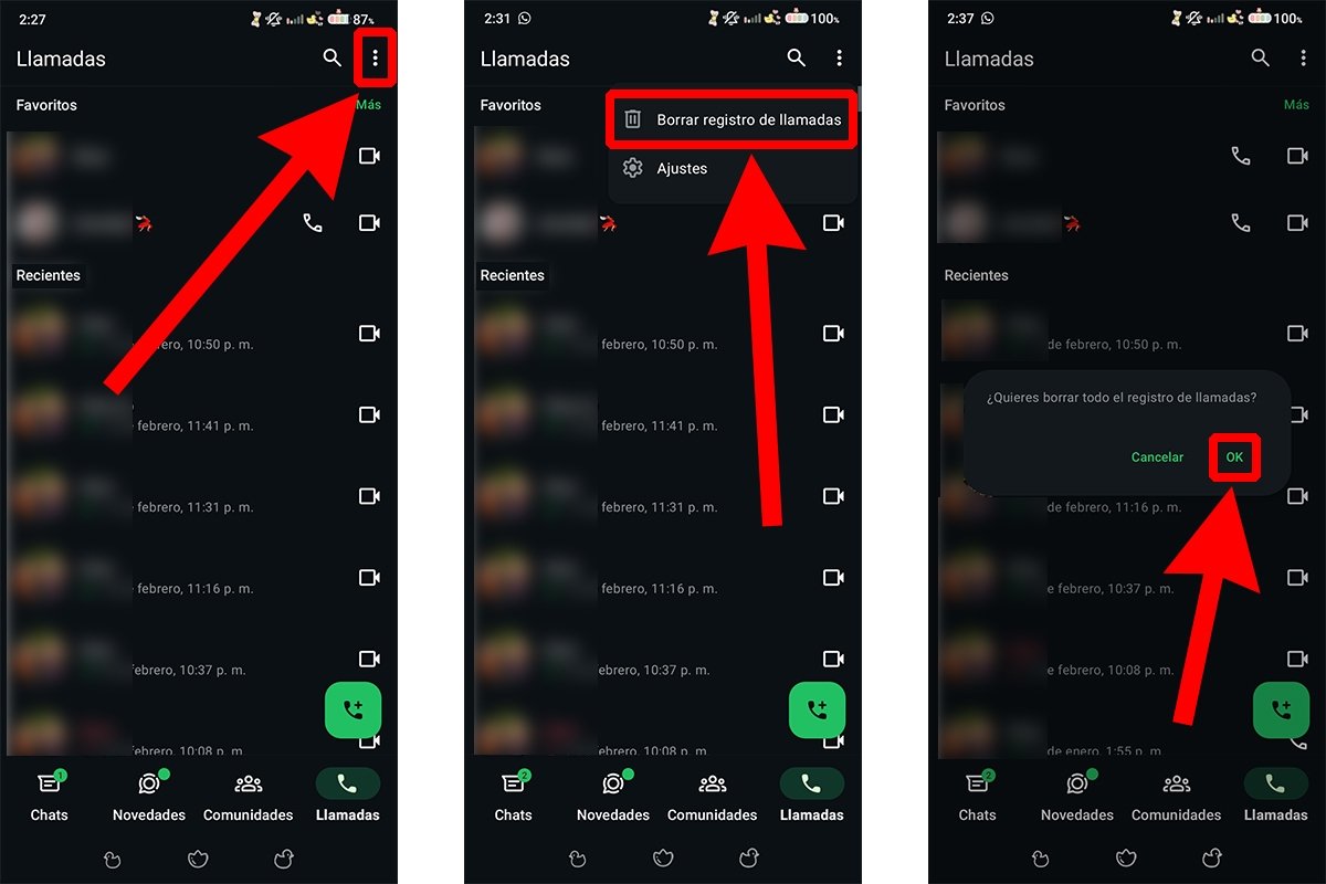 Proceso para borrar todo el historial de llamadas y videollamadas de WhatsApp