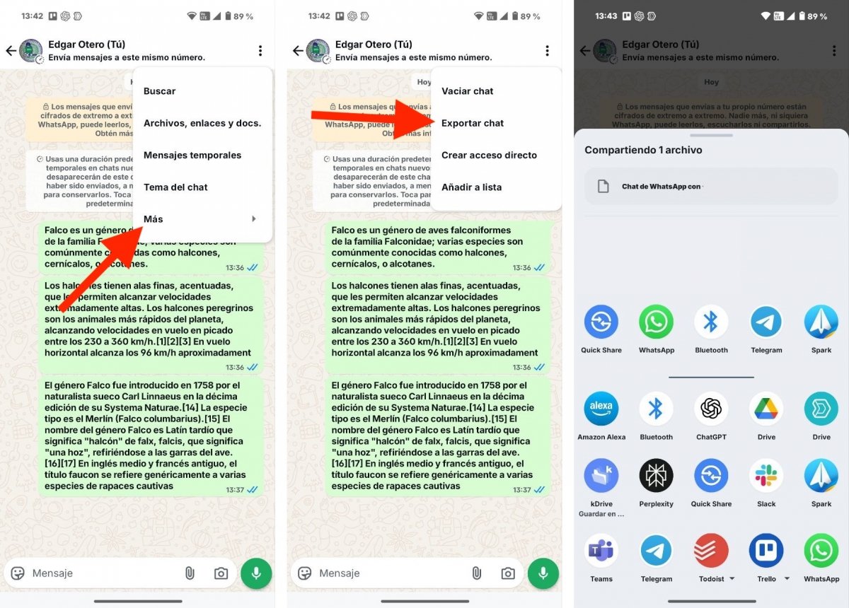 Proceso para exportar un chat de WhatsApp