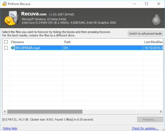 Programa Recuva para recuperar archivos borrados por error