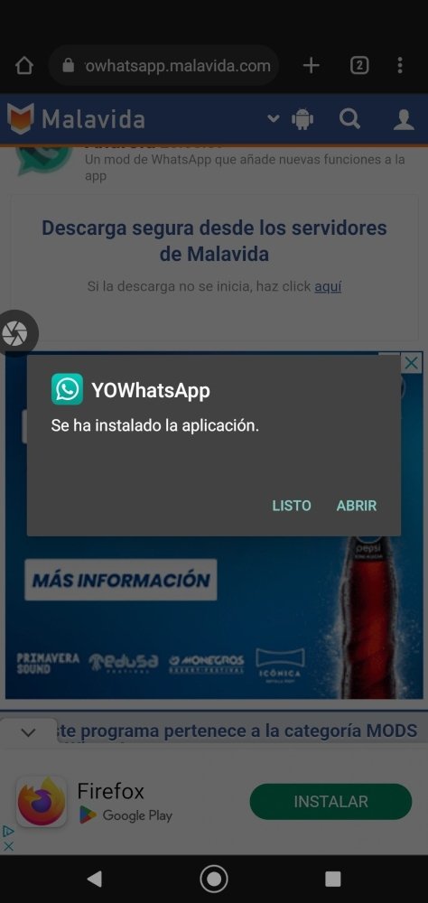 Pulsa Abrir para abrir YOWhatsApp recién instalado