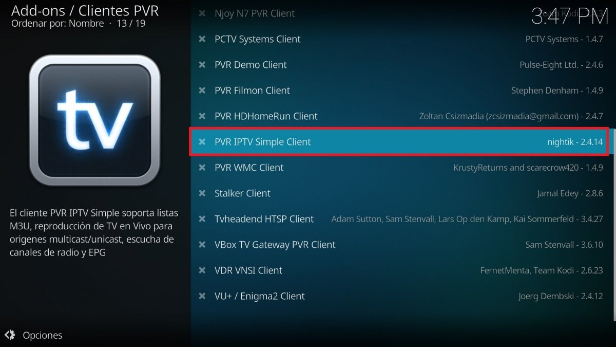 PVR IPTV Simple Client entre todos lso clientes PVR de Kodi