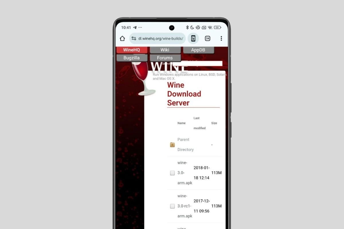 Repositorio oficial de Wine con los APK para Android. Ninguno nos ha funcionado