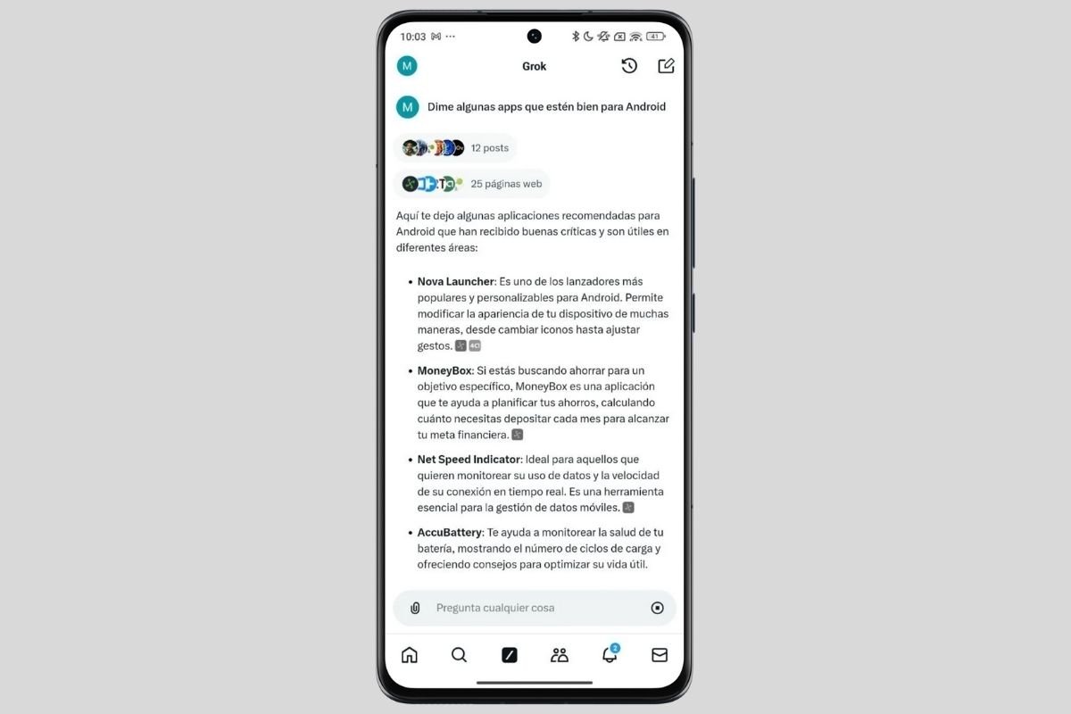 Respuesta de Grok a una pregunta sobre apps