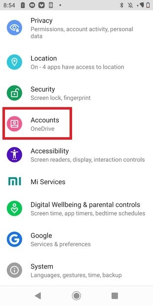 Sección de cuentas en Android