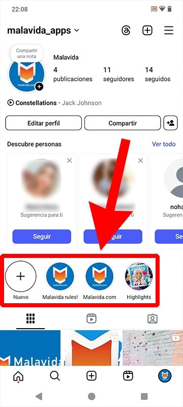 Sección de historias destacadas de un perfil de Instagram