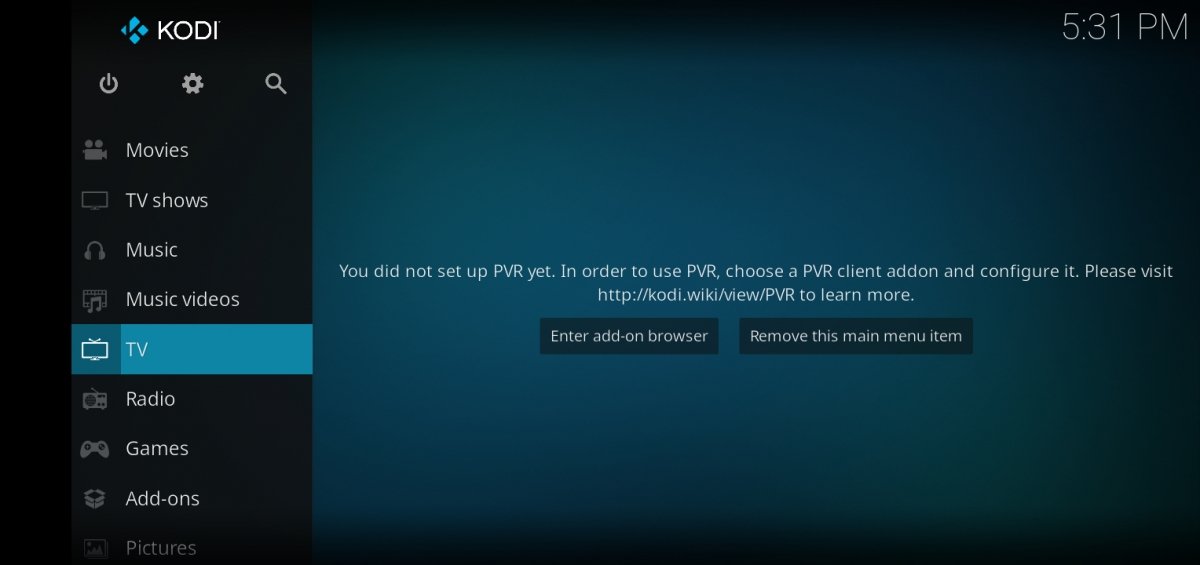 Sección de TV dentro de Kodi antes de instalar los addons necesarios